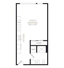 A floor plan of a small apartment with a living/bedroom area and a kitchen.