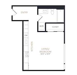 A floor plan of a small apartment with a living/bedroom area, kitchen, and closet.