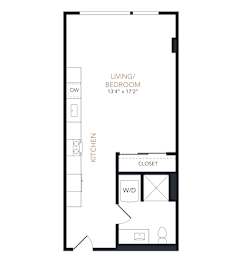 A floor plan of a small apartment with a living room, kitchen, and closet.