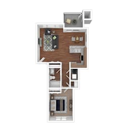 A floor plan of a two-bedroom apartment with a living room, kitchen, and bathroom.