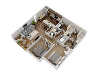 A 3D floor plan of a small apartment with two bedrooms, a living room, and a kitchen.
