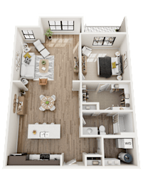 A 3D Floor Plan of The South with a living room, kitchen, and bedroom.