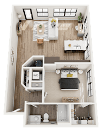A 3D floor plan of The Station with a kitchen, living room, and bathroom.