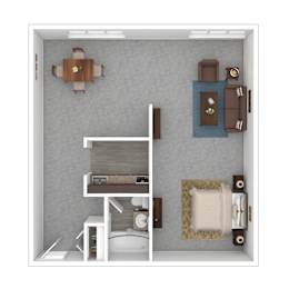 A top down view of a small apartment with a dining table, couch, and a bed.