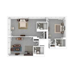 A 3D floor plan of a small apartment with a kitchen, living room, and bedroom.
