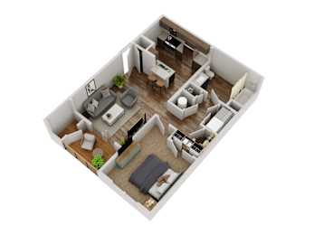 A 3D floor plan of a small apartment with a kitchen, living room, and bedroom.