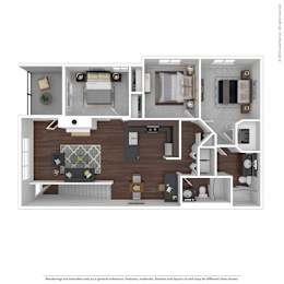 A 3D floor plan of a house with a kitchen, living room, and bedrooms.