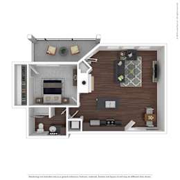 A 3D floor plan of a house with a kitchen, living room, and dining area.