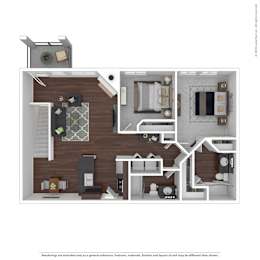 A 3D rendered image of a house layout.