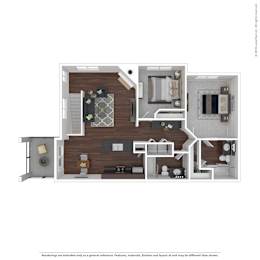 A floor plan of a house with a kitchen, living room, and two bedrooms.