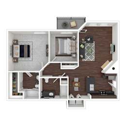 A 3D floor plan of a house with a kitchen, living room, and bedrooms.
