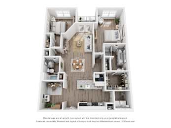 A 3D floor plan of a house with a kitchen, living room, and bedrooms.
