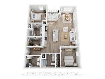 A 3D floor plan of a house with multiple rooms and furniture.
