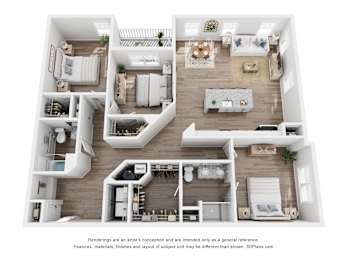 A 3D floor plan of a house with a kitchen, living room, and bedrooms.