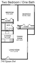 A floor plan for a two bedroom apartment with one bathroom.