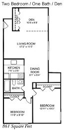 A floor plan of a two bedroom, one bathroom, den apartment.