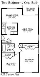 A floor plan of a two bedroom apartment with one bath.