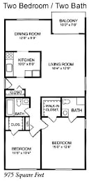 A floor plan of a two bedroom, two bath apartment.
