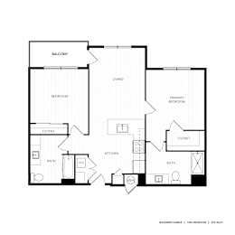 A floor plan of a property with two bedrooms, a living area, a kitchen, a bathroom, and a balcony.