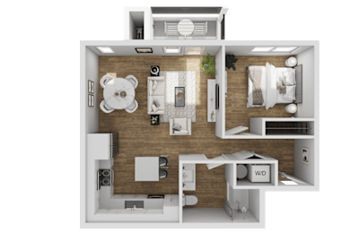 A 3D floor plan of a house layout.