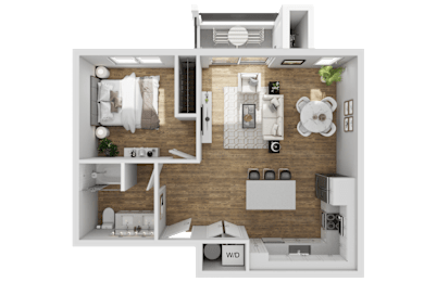 A 3D floor plan of a small apartment layout.