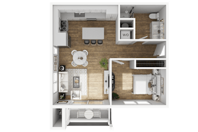 A 3D floor plan of a small apartment with a kitchen, living room, and bedroom.