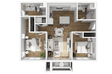 A top-down view of a house layout with multiple rooms and furniture.