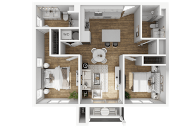 A detailed 3D floor plan of a small apartment layout.