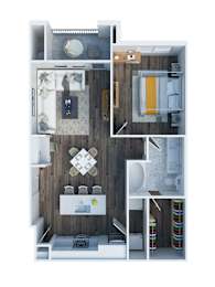 A top down view of a small apartment with a kitchen, living room, and bathroom.