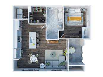 A top down view of a small apartment with a kitchen, living room, and bathroom.