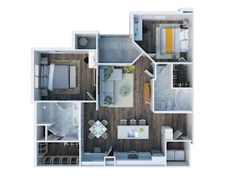 A modern house layout with a kitchen, living room, and bedrooms.