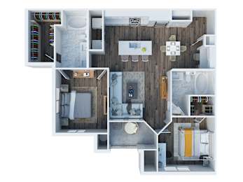 A top down view of a small apartment with a kitchen, living room, and bathroom.