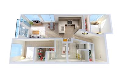 A white model of a house with a kitchen, living room, and bathroom.