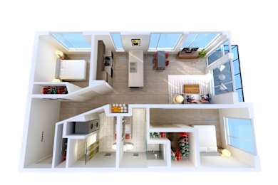 A 3D rendered image of a modern house interior.