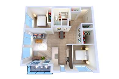 A 3D floor plan of a house with a kitchen, living room, dining room, and bathroom.