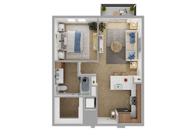 a 3d rendering of a 1 bedroom floor plan with a bathroom and a kitchen