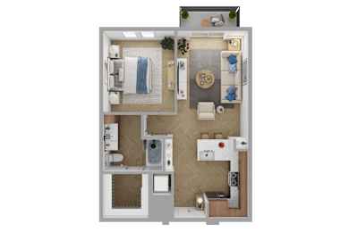 a 3d rendering of a furnished apartment with a bedroom and a living room