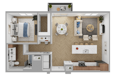 a rendering of a 1 bedroom floor plan with a bathroom and a living room