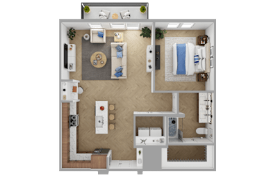 a stylized floor plan of a hotel room with a bedroom and a bathroom