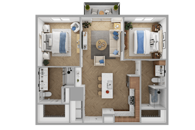 a 3d rendering of a bedroom and bathroom floor plan