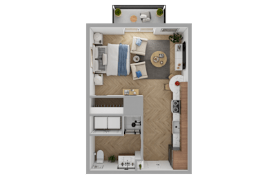 a rendering of a 1 bedroom floor plan with a bathroom and a living room