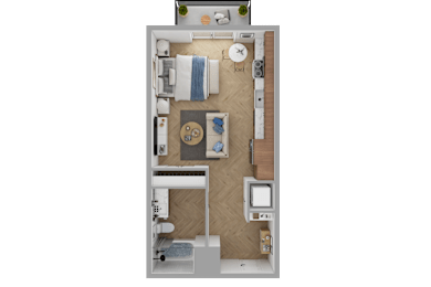 a floor plan of a bedroom with a bathroom and a living room