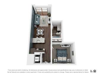 A floor plan of a small apartment with a living room, kitchen, and bedroom.