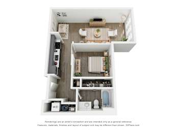 A 3D floor plan of a small apartment with a kitchen, living room, and bathroom.