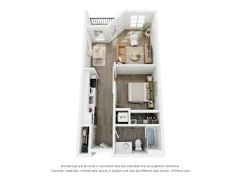 A 3D floor plan of a small apartment with a kitchen, living room, and bathroom.