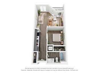 A 3D floor plan of a small apartment with a kitchen, living room, and bathroom.