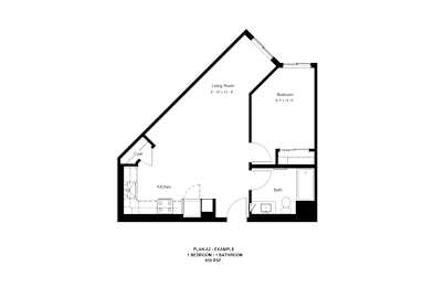 A black and white image of a floor plan for a small apartment.