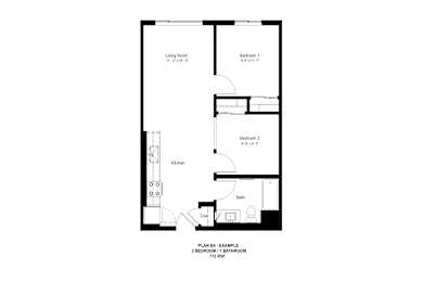 A black and white image of a floor plan for a small house.