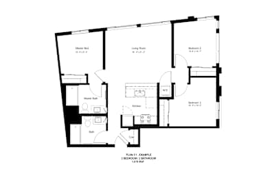 A black and white image of a floor plan for a 3 bedroom, 2 bathroom apartment.