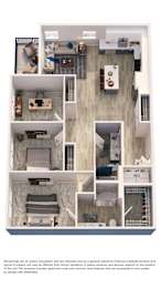 A floor plan of a house with a kitchen, living room, bedrooms and bathrooms.
